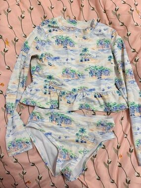 Girls Janie and Jack Two-Piece Coastal Print Rash Guard Set